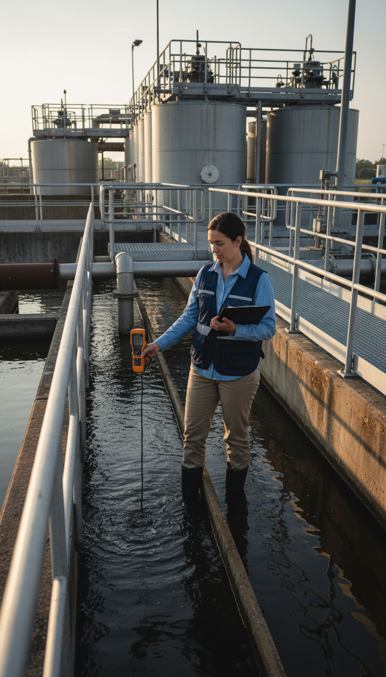 Environmental consultant measuring and documenting water treatment facility operations at municipal water treatment plant