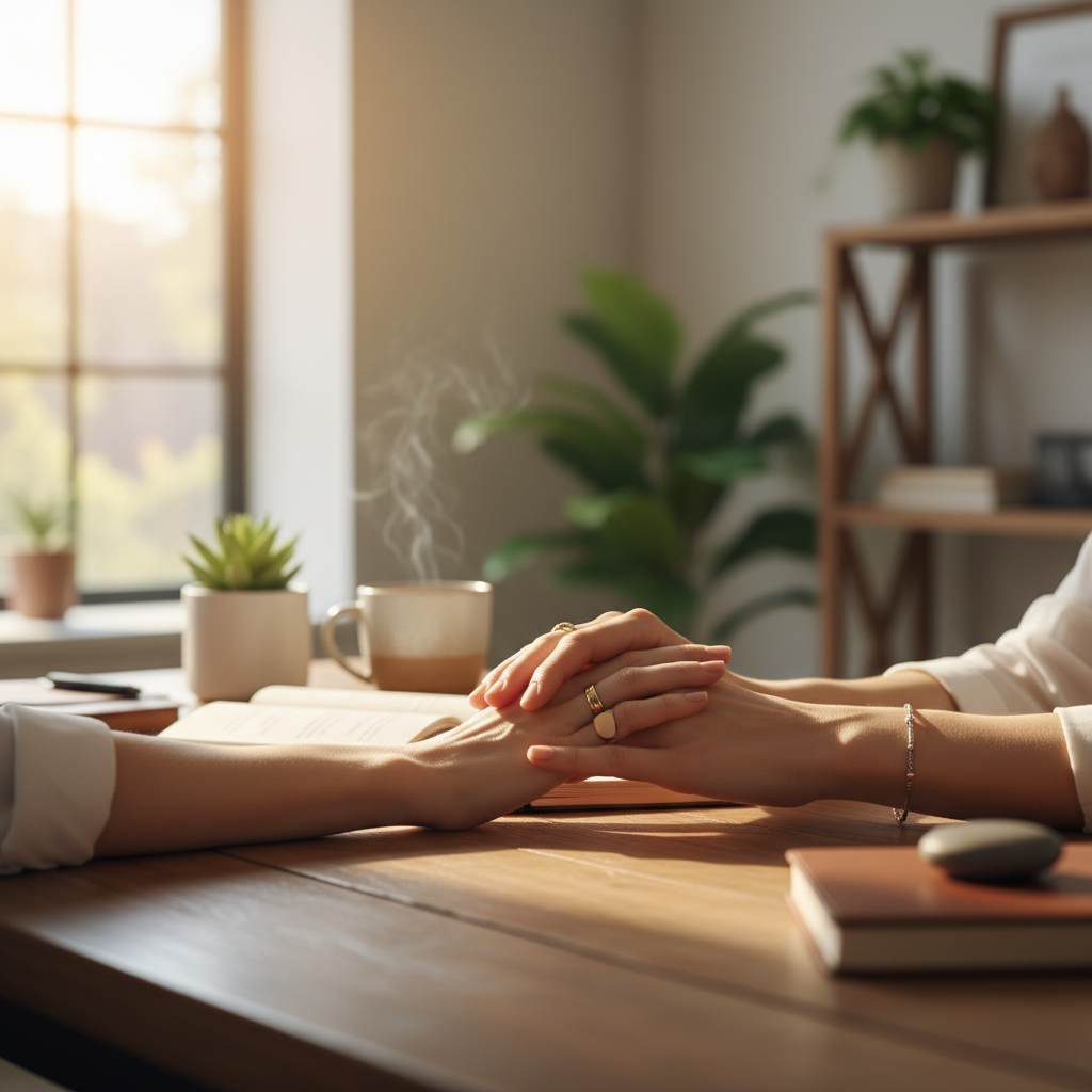 Two women's hands in supportive gesture on wooden table during coaching session with warm natural light