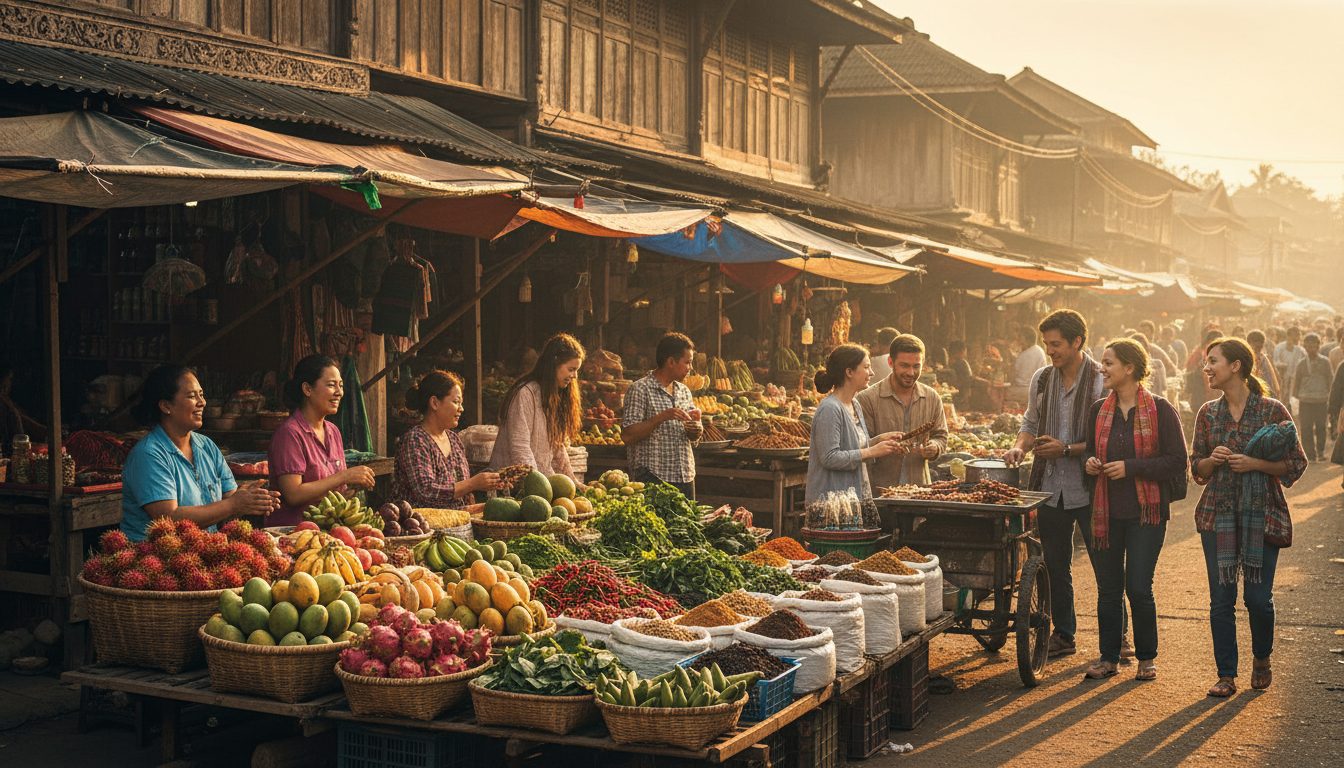 Vibrant Southeast Asian street market with local vendors, fresh produce, and travelers exploring authentic culinary and cultural experiences Vibrant Southeast Asian street market with local vendors, fresh produce, and travelers exploring authentic culinary and cultural experiences