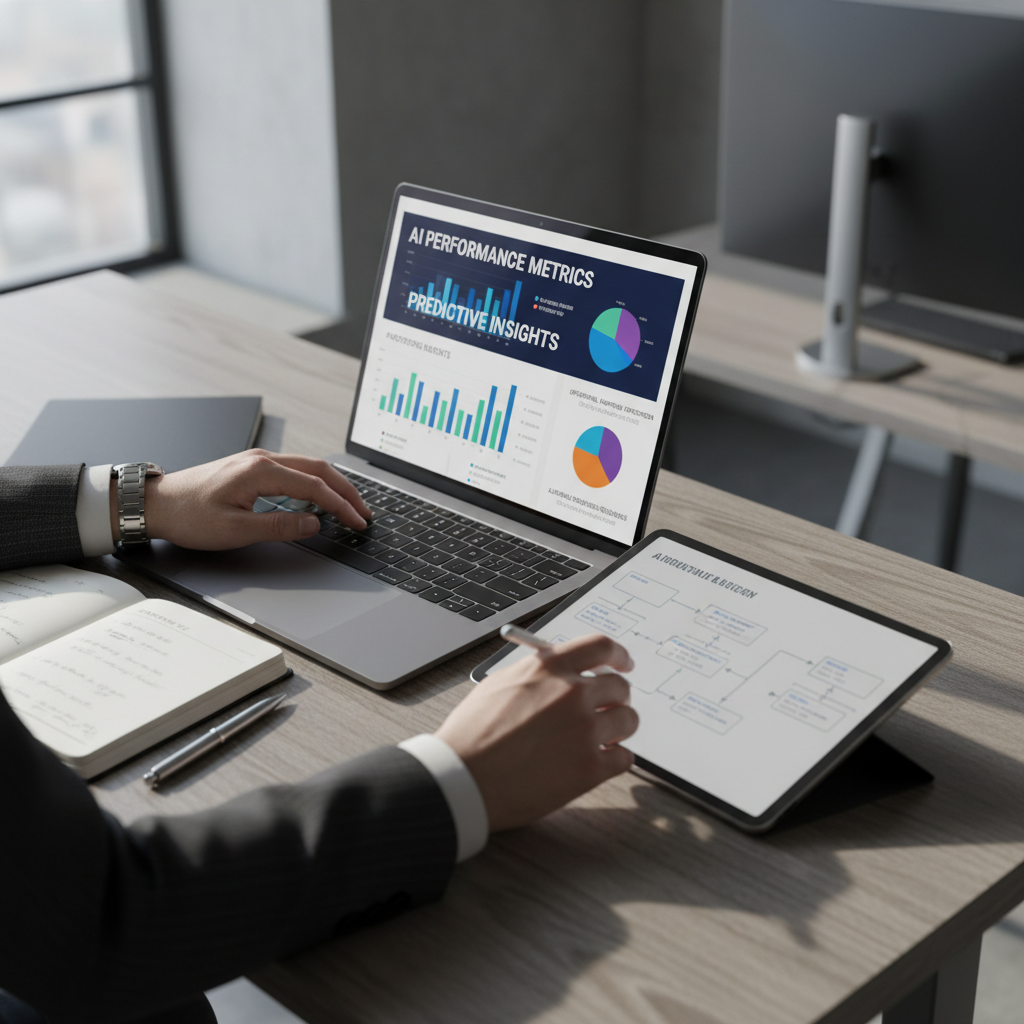 Executive's hands working at standing desk with laptop displaying AI analytics dashboard and tablet showing automation workflow diagrams