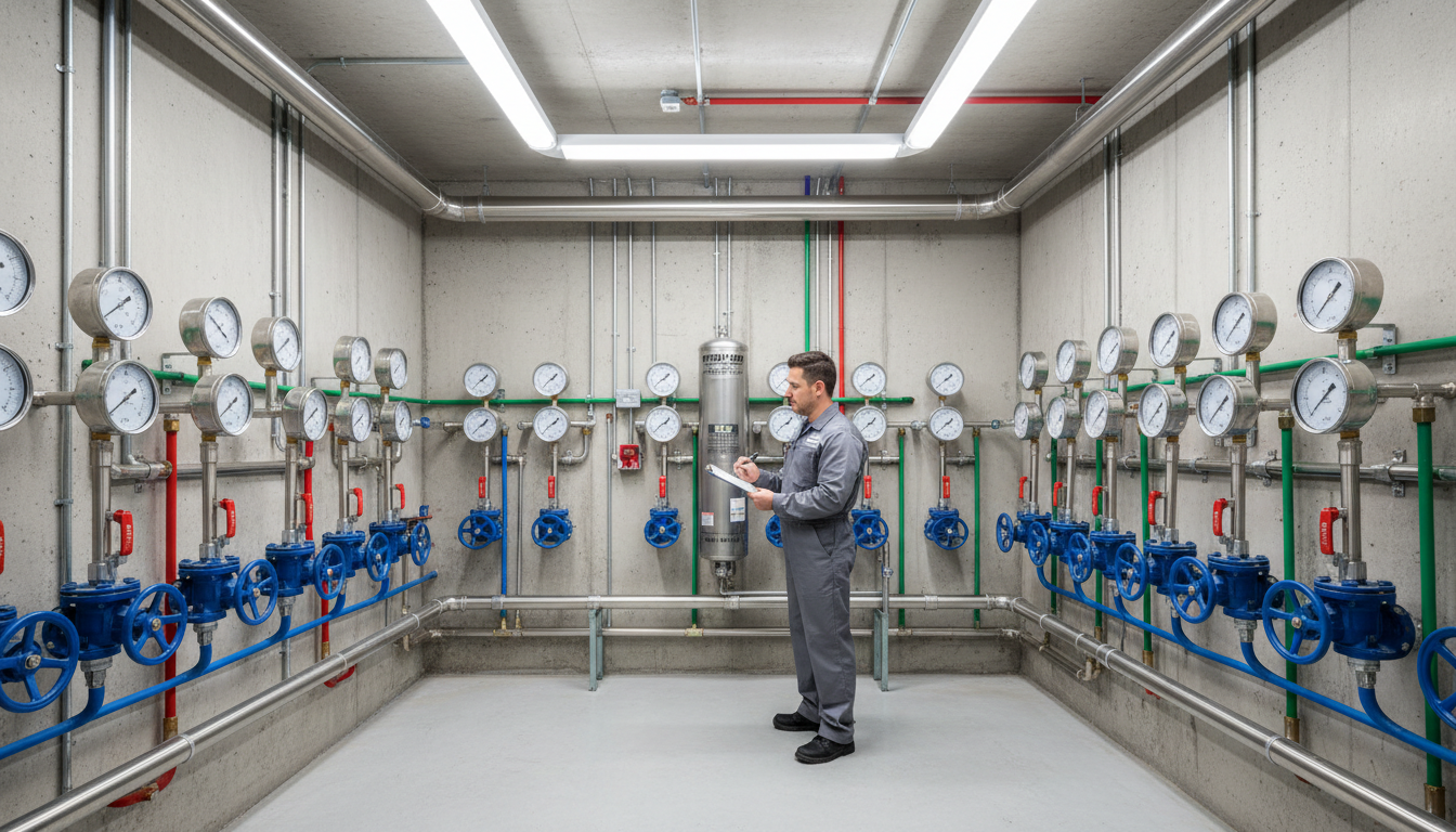 Plumber inspecting commercial water supply infrastructure room with gauges, valves, and filtration systems