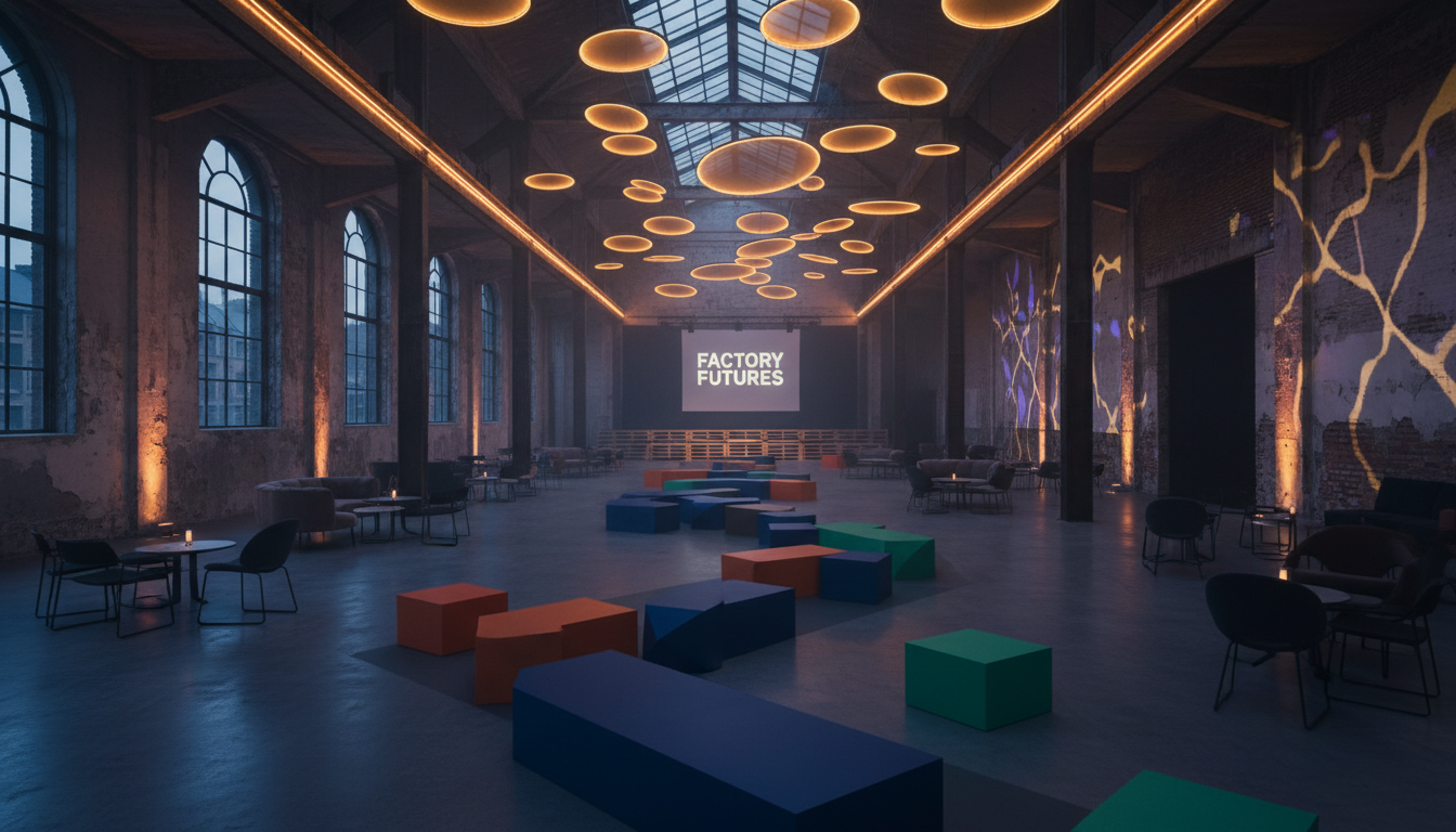 Historic industrial interior space transformed with contemporary lighting design as evening approaches, showcasing adaptive reuse Historic industrial interior space transformed with contemporary lighting design as evening approaches, showcasing adaptive reuse