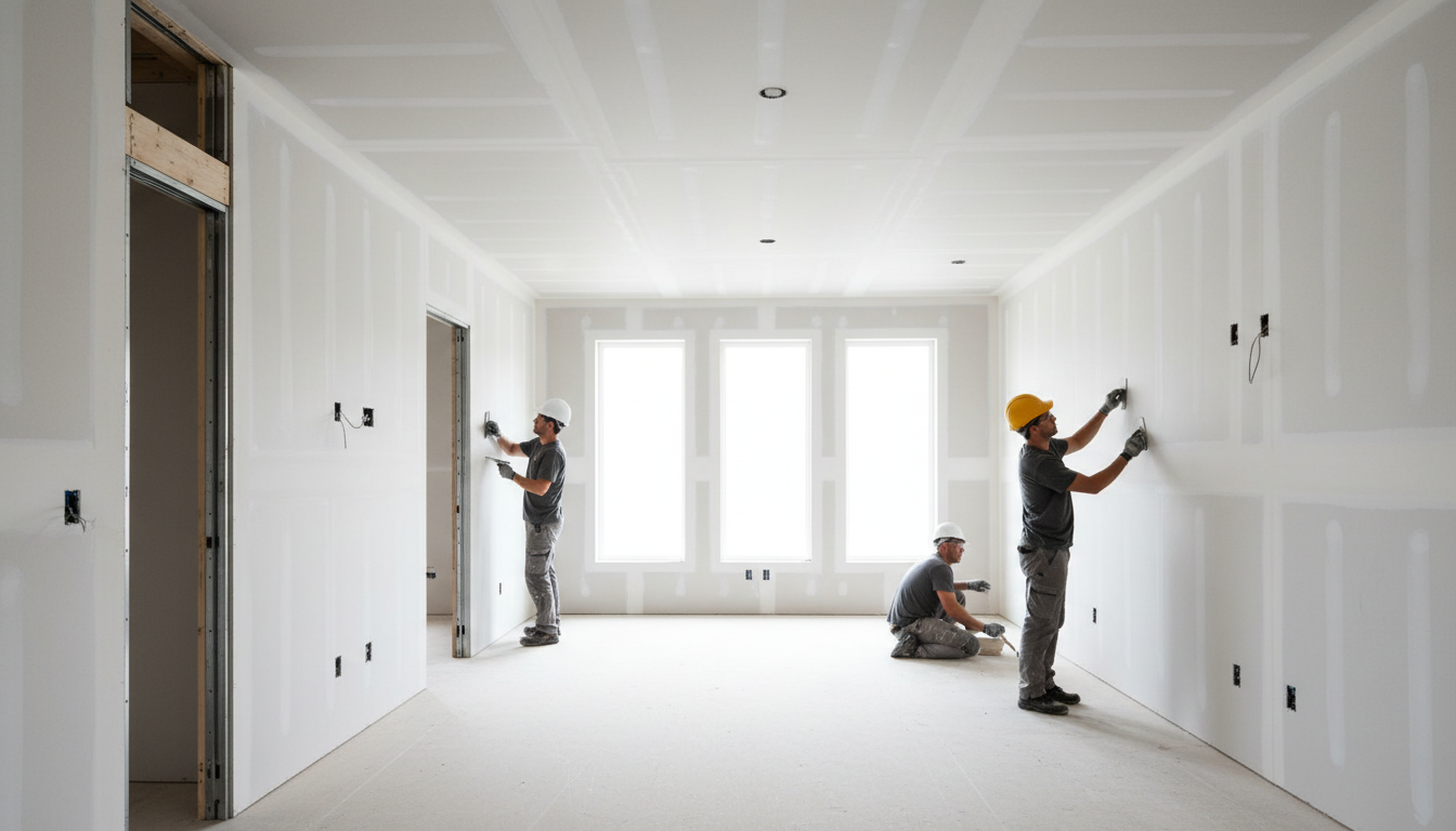 Modern residential interior with freshly installed drywall walls and construction crew working on renovation project