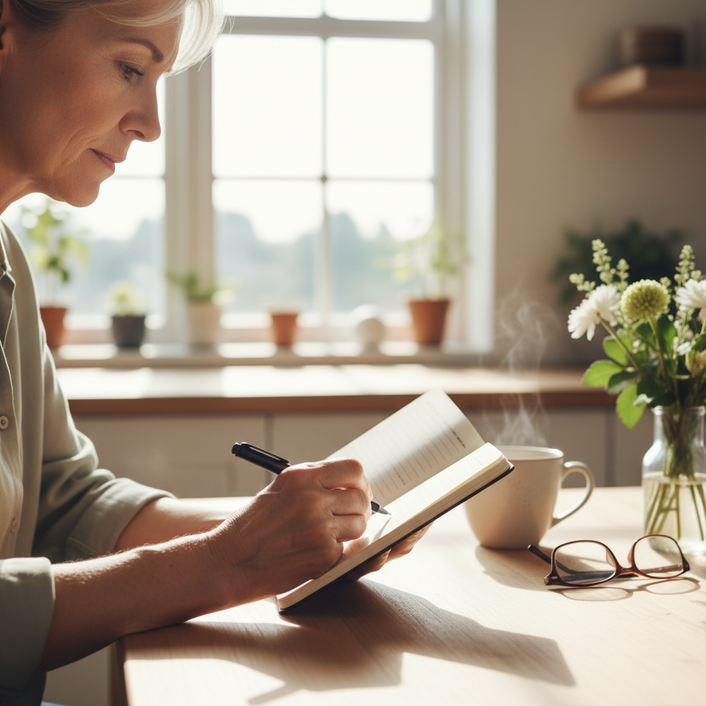 Older adult's hands writing in a notebook at a sunlit table with reading glasses and warm beverage nearby