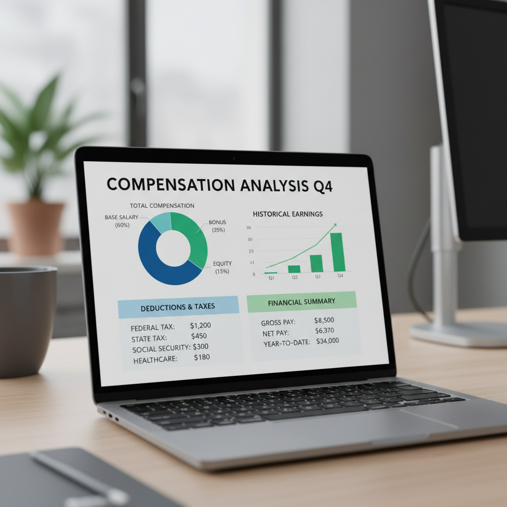 Laptop screen displaying detailed digital compensation report with salary, deductions, and tax information