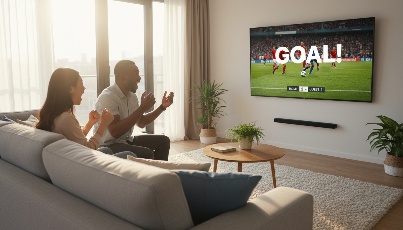 Three diverse friends enthusiastically watching live football match on large smart TV in modern bright living room Three diverse friends enthusiastically watching live football match on large smart TV in modern bright living room