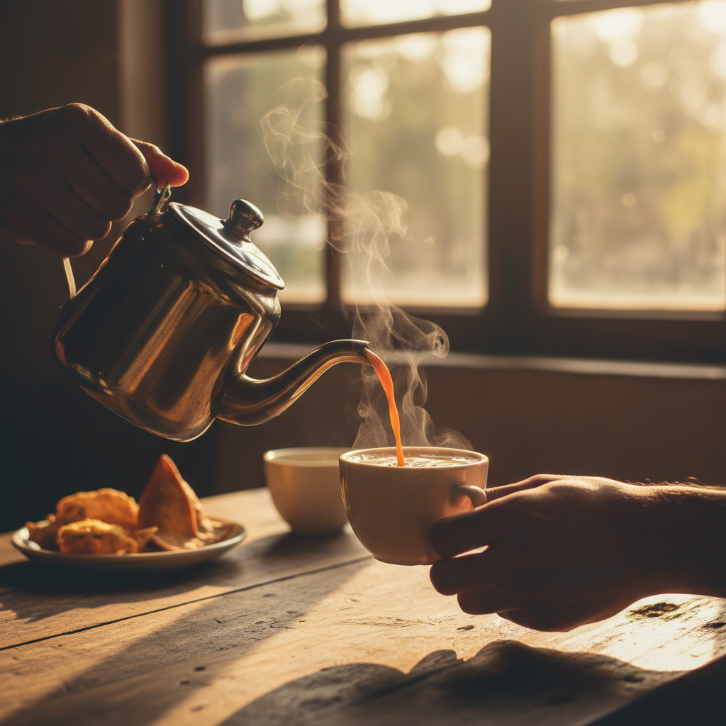 Hands pouring steaming chai from kettle into ceramic cup with golden light from café window, steam rising from hot tea Hands pouring steaming chai from kettle into ceramic cup with golden light from café window, steam rising from hot tea