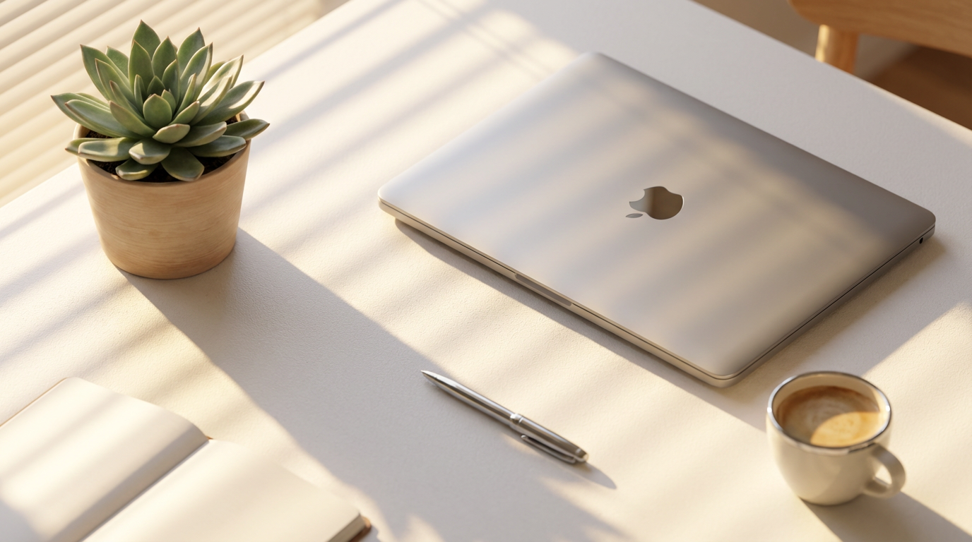 Minimalist desktop in bright daylight with laptop, plant, and blind shadows casting across clean white surface. Minimalist desktop in bright daylight with laptop, plant, and blind shadows casting across clean white surface.