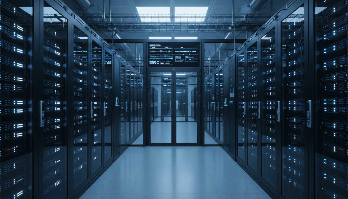 Modern data center with illuminated server racks, network equipment, and monitoring displays showing real-time system performance metrics