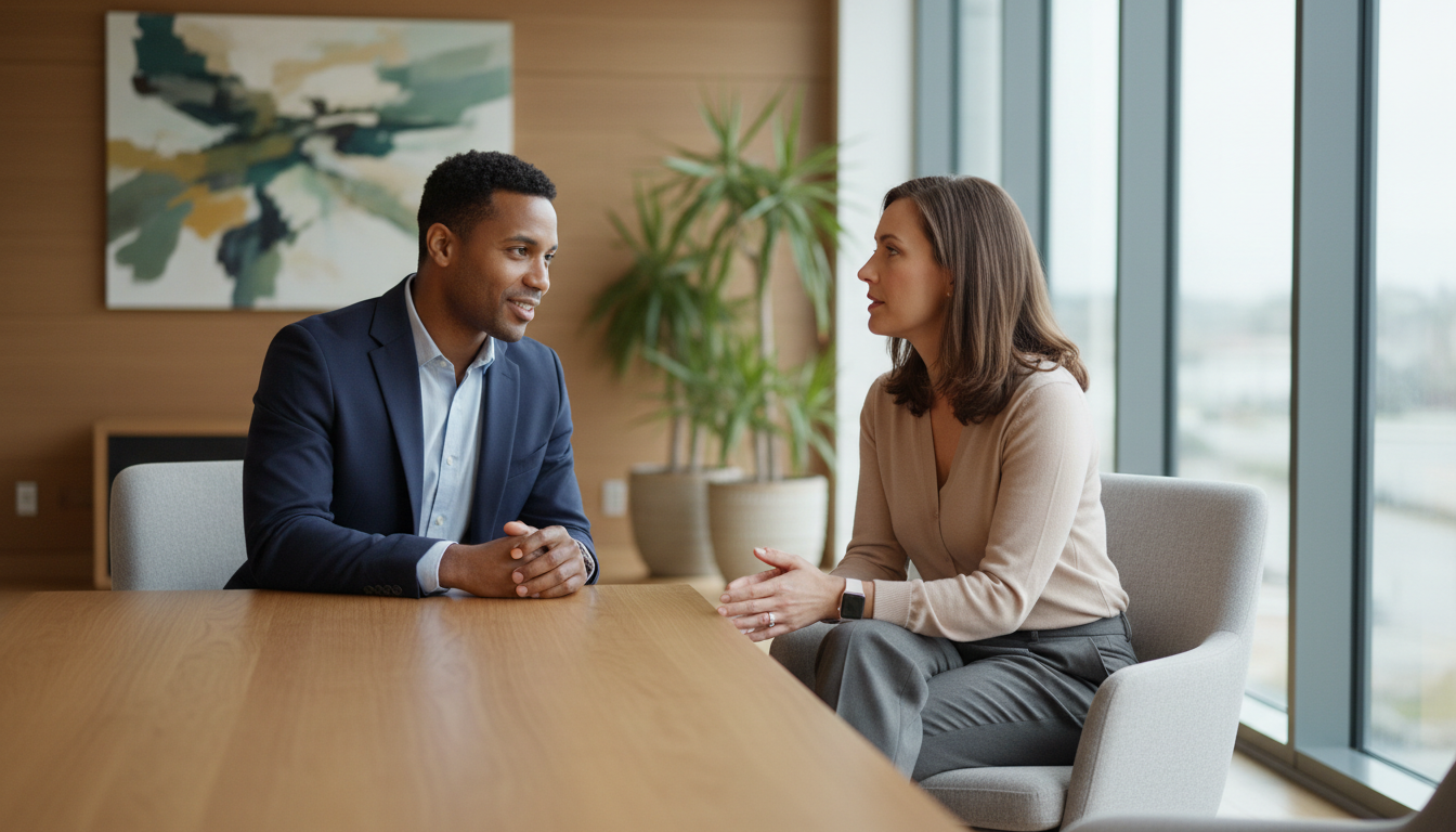 Executive coach leaning forward in attentive listening pose with female professional client in bright, minimalist office space Executive coach leaning forward in attentive listening pose with female professional client in bright, minimalist office space