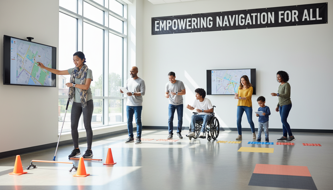 Diverse group of people wearing wearable sensor devices training in bright community space with instructor guidance Diverse group of people wearing wearable sensor devices training in bright community space with instructor guidance
