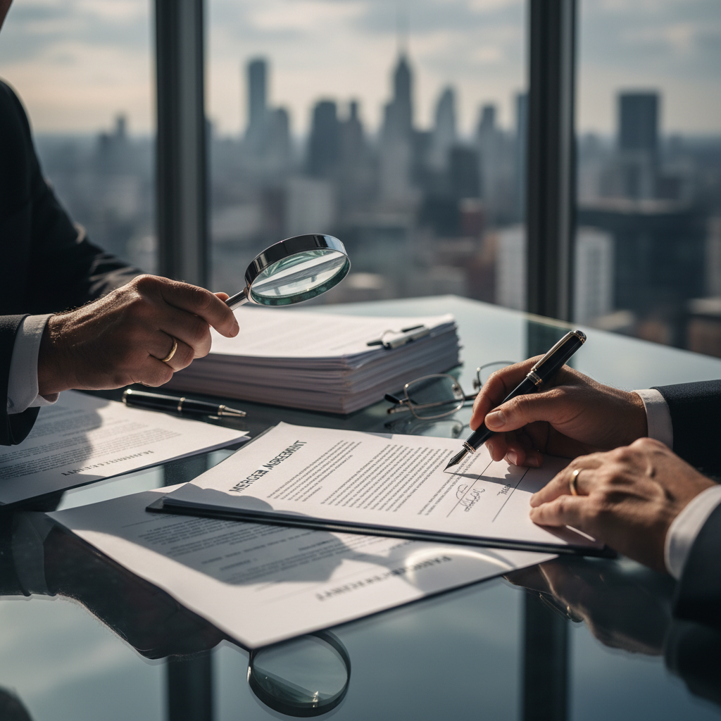 Rigorous auditing of vendor contracts ensures quality standards are met before production begins. A business professional reviewing a supplier contract and checking off items on an audit list.