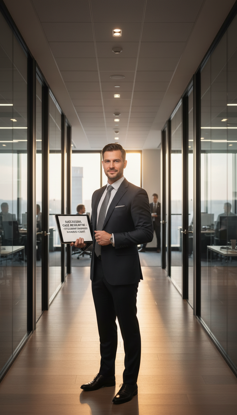 Confident male attorney in suit standing in modern office hallway holding tablet displaying case resolution document