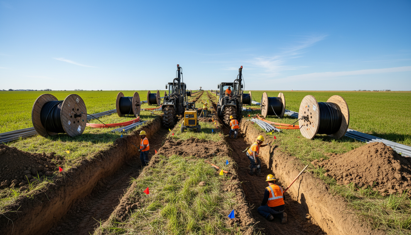 Maintaining horizontal and vertical separation in a joint trench is critical for safety. A wide trench showing properly spaced water and electrical lines separated by soil backfill.