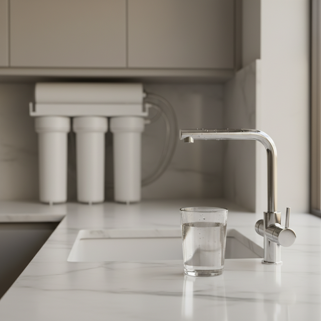 Close-up of premium reverse osmosis water system installed under kitchen sink with glass of pure water.