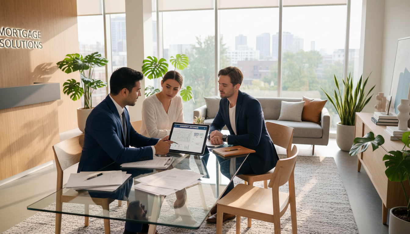 Mortgage advisor consulting with diverse couple at office desk, reviewing documents and tablet in bright modern workspace Mortgage advisor consulting with diverse couple at office desk, reviewing documents and tablet in bright modern workspace