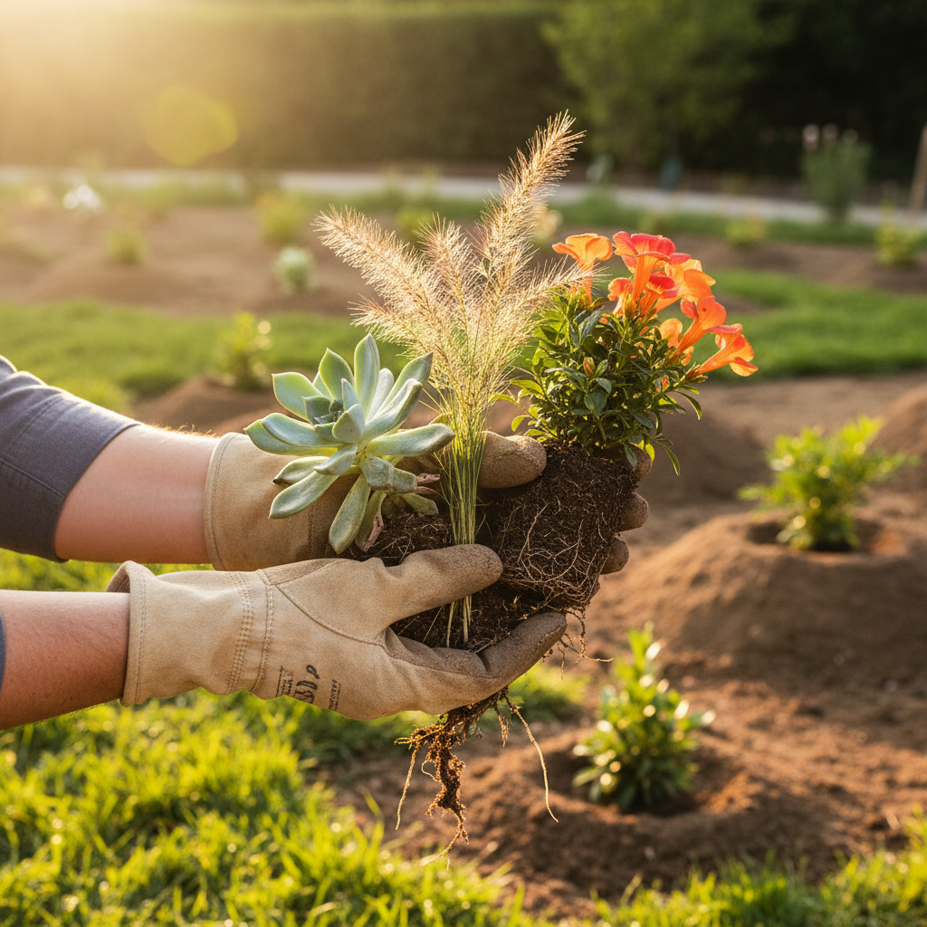 Landscape professional examining drought-resistant native plants with hands, showcasing sustainable plant selection for water-efficient gardens Landscape professional examining drought-resistant native plants with hands, showcasing sustainable plant selection for water-efficient gardens