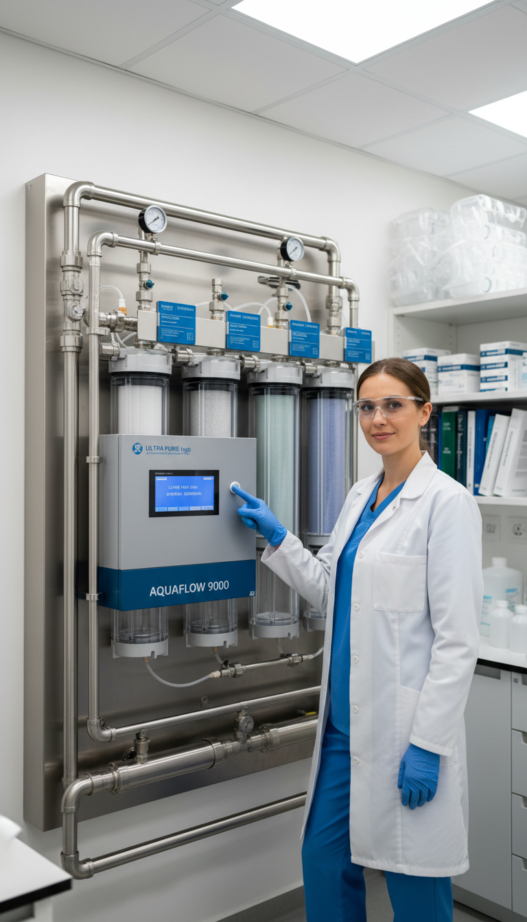 Laboratory technician in white coat standing beside installed water purification system with visible control panels and equipment infrastructure Laboratory technician in white coat standing beside installed water purification system with visible control panels and equipment infrastructure