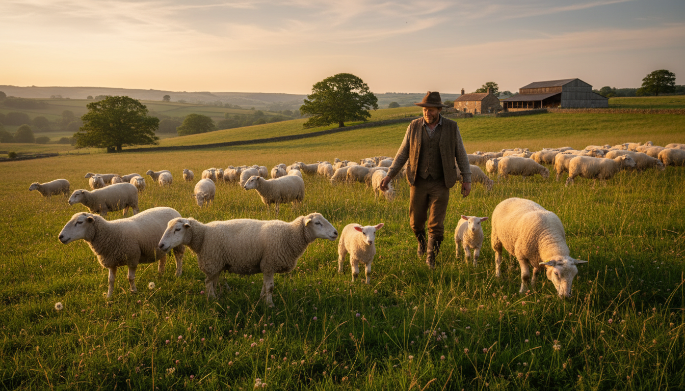 Shepherd tending dairy sheep in rolling green pasture during golden hour, showcasing sustainable farming practices and pastoral heritage Shepherd tending dairy sheep in rolling green pasture during golden hour, showcasing sustainable farming practices and pastoral heritage