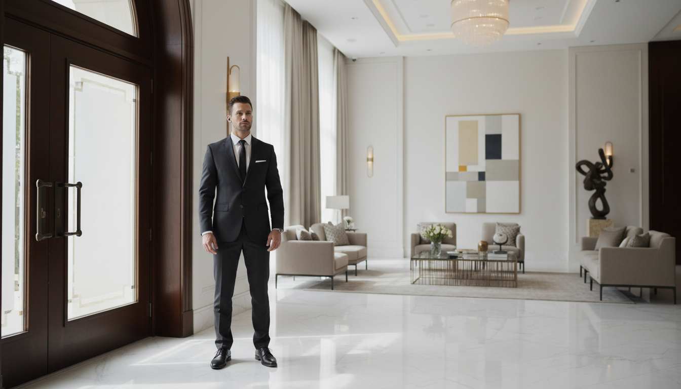 Professional security officer in dark suit standing alert in elegant upscale venue lobby with modern architecture Professional security officer in dark suit standing alert in elegant upscale venue lobby with modern architecture