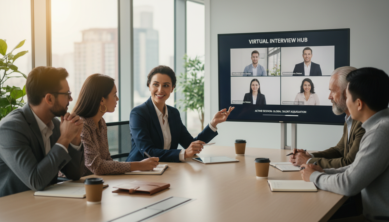 Diverse recruitment team collaborating in meeting room during virtual candidate interview session