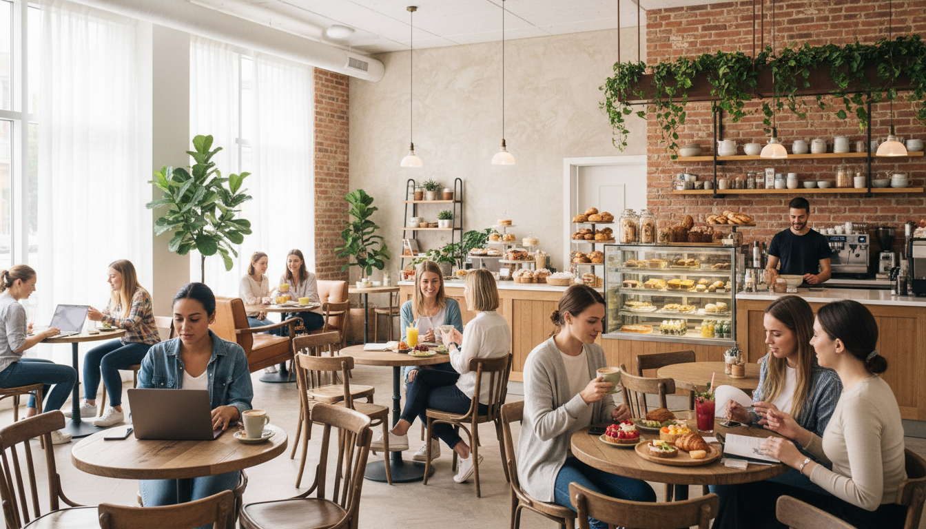 Welcoming café interior with diverse patrons at tables, working and socializing in warm natural light Welcoming café interior with diverse patrons at tables, working and socializing in warm natural light