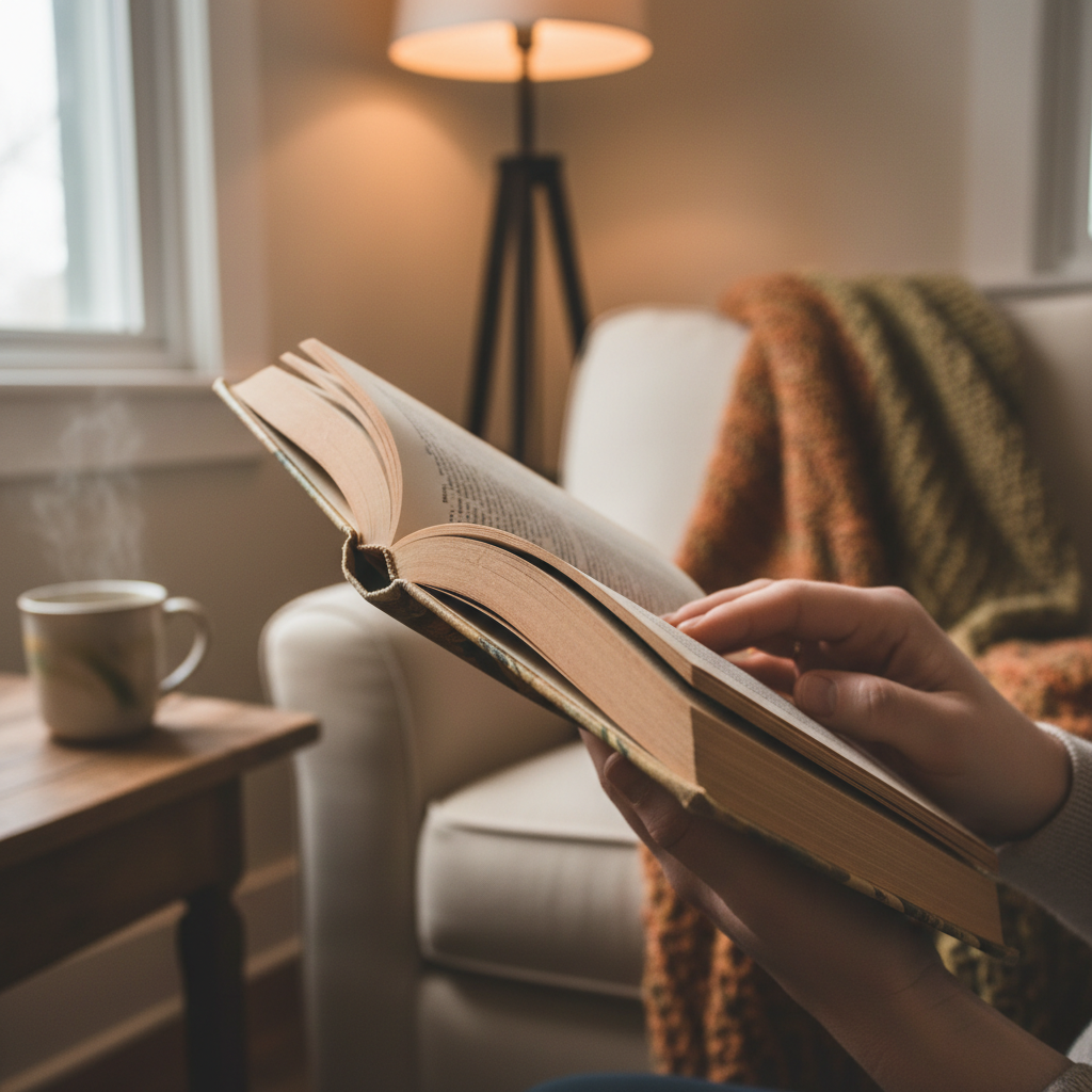 Reader's hands holding open book with natural window light in cozy armchair setting