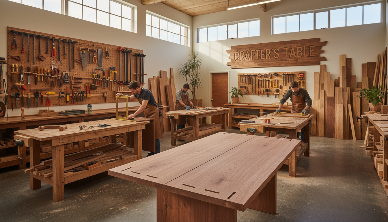 Every original design is born right here in our Coarsegold, California workshop. A wide shot of an authentic jeweler's workbench in a Coarsegold home workshop with tools and stones.