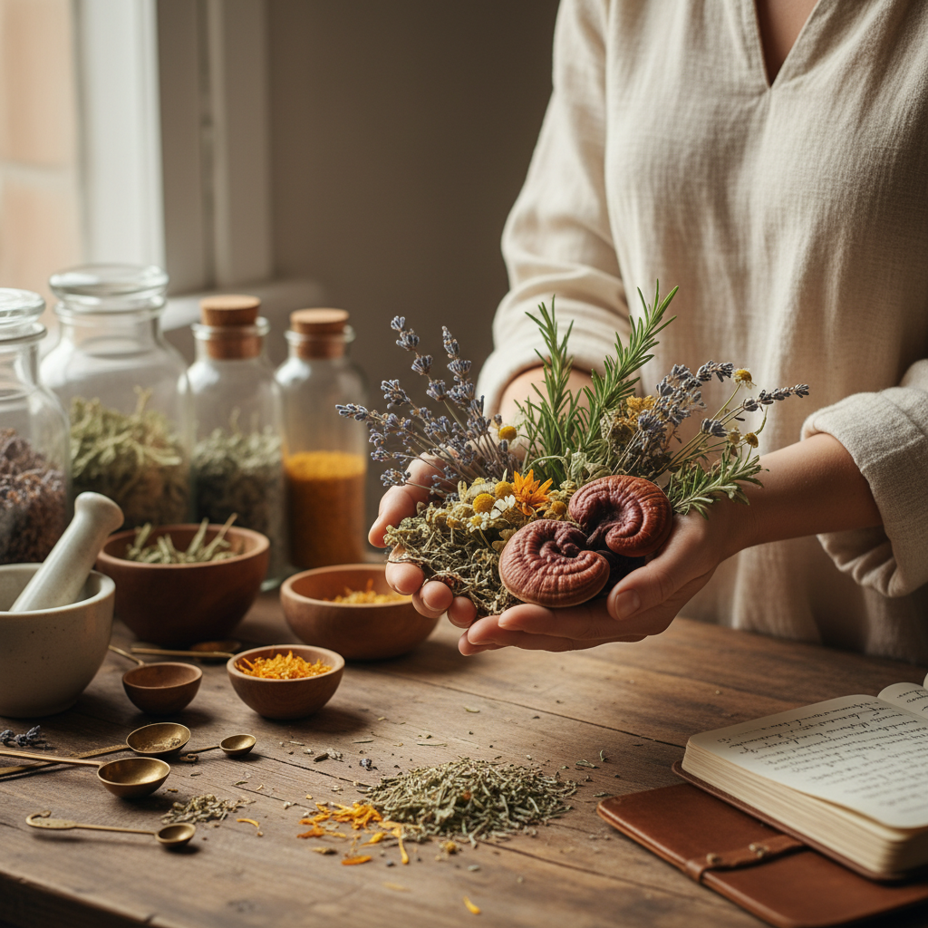 Holistic practitioner hands selecting dried medicinal herbs from jars in apothecary workspace with natural lighting Holistic practitioner hands selecting dried medicinal herbs from jars in apothecary workspace with natural lighting