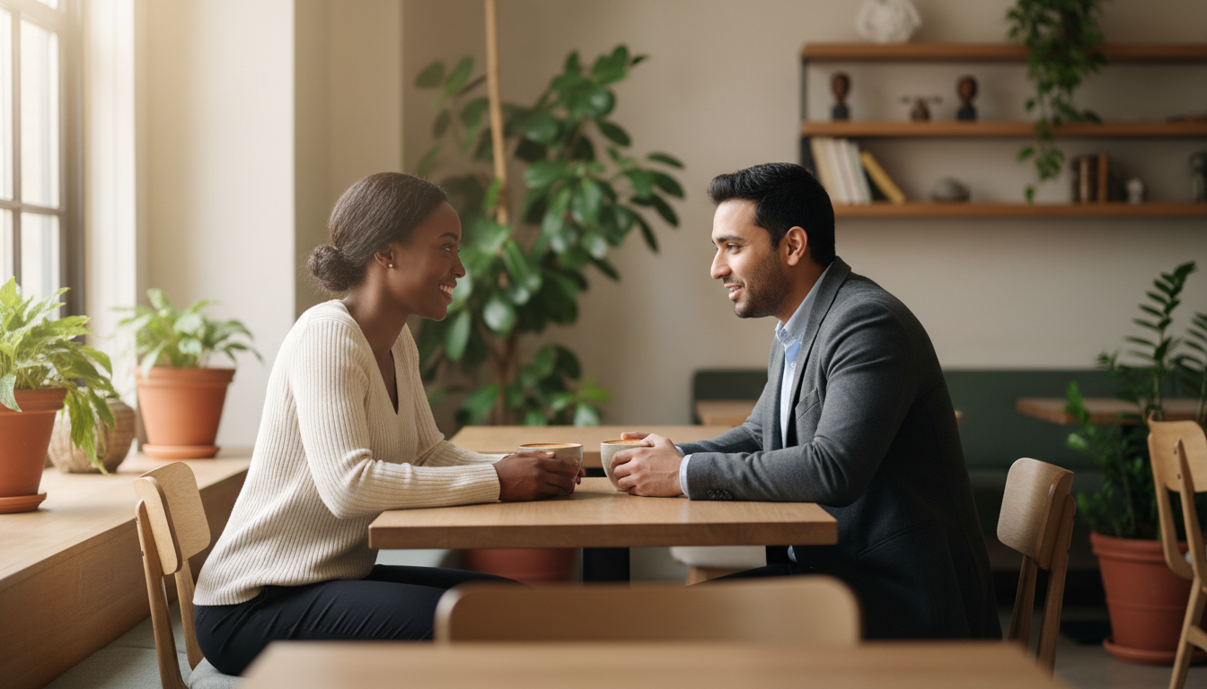 Two people having genuine conversation across a café table in natural window light, appearing relaxed and engaged