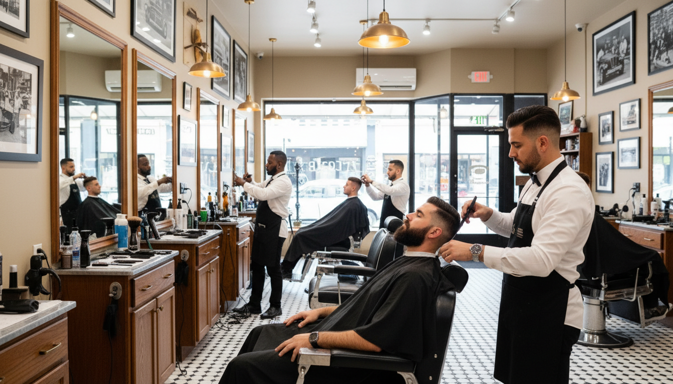 Busy barbershop interior with multiple barbers serving clients at stations, warm natural lighting creating welcoming grooming atmosphere