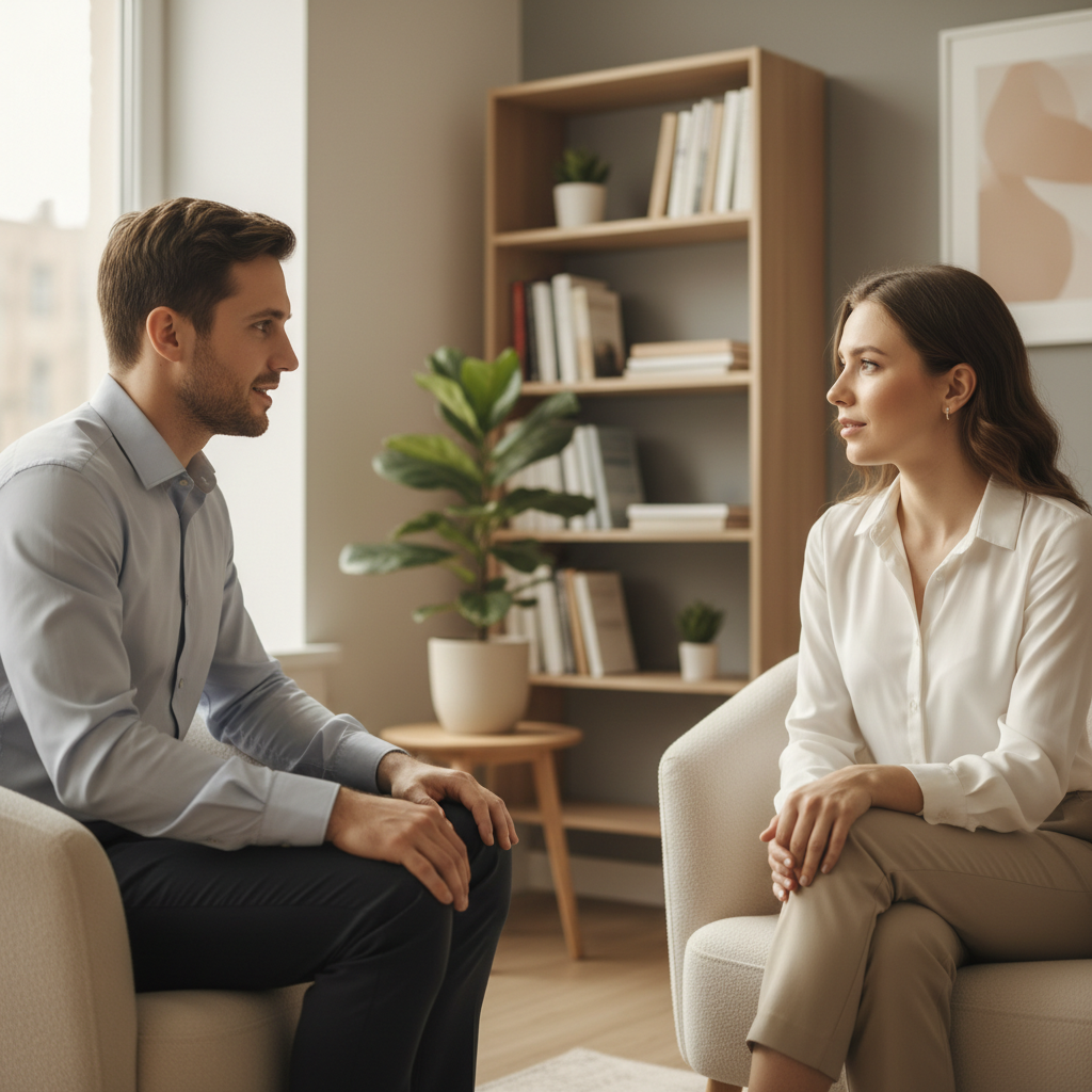 Therapist and client in warm, focused consultation during private therapy session in minimalist office space