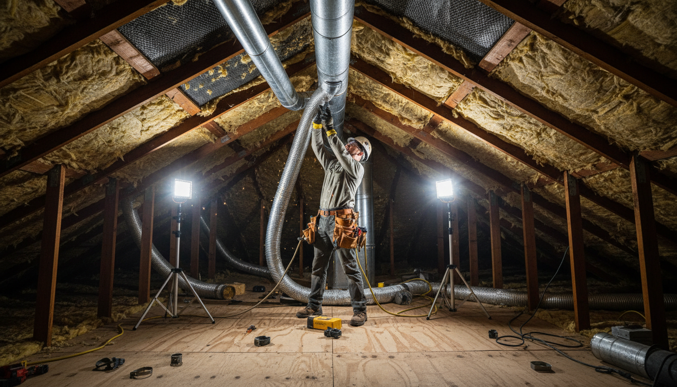 Technician installing silver aluminum HVAC ductwork in residential attic with wooden framing visible