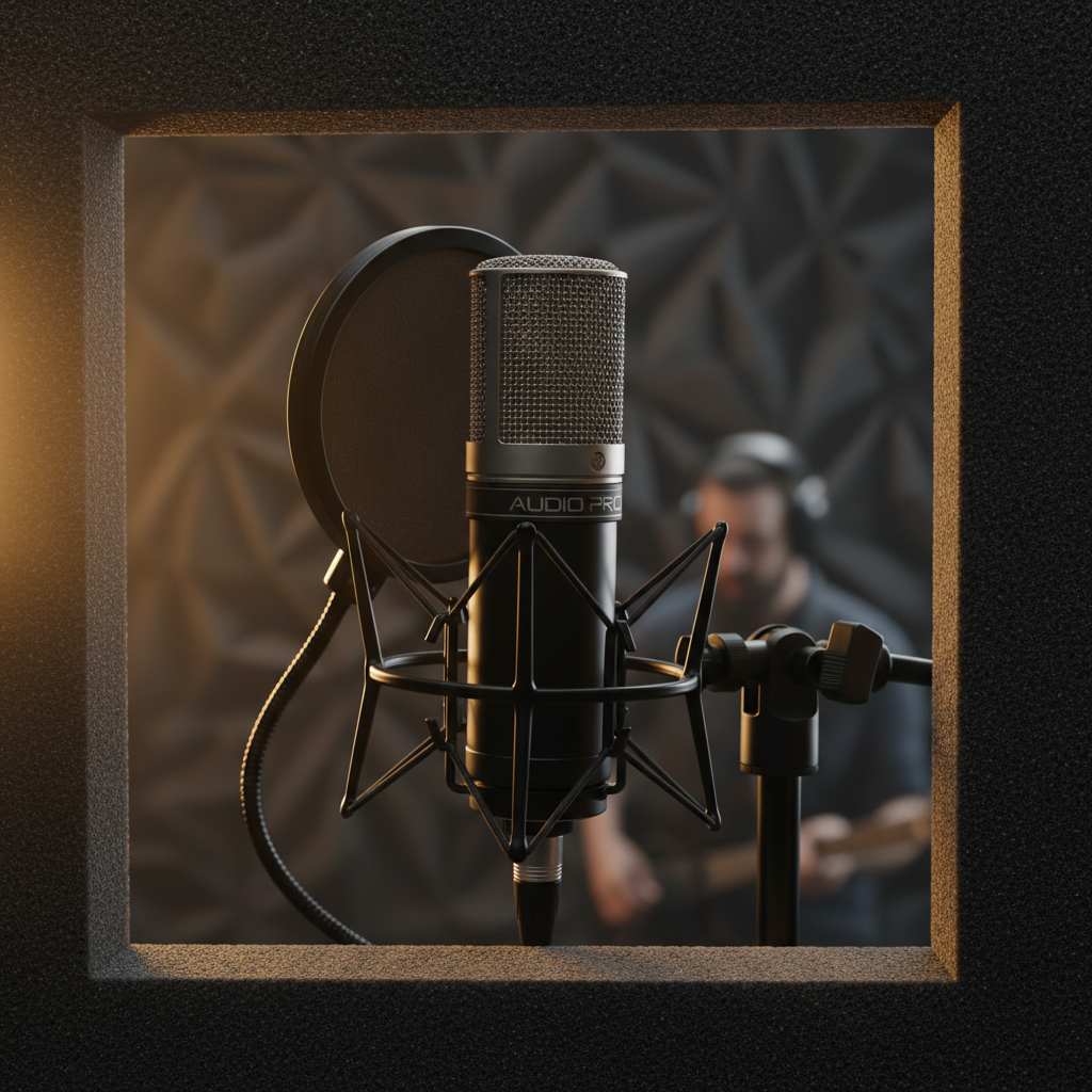 Professional condenser microphone mounted on shock mount with pop filter and acoustic foam treatment in background Professional condenser microphone mounted on shock mount with pop filter and acoustic foam treatment in background