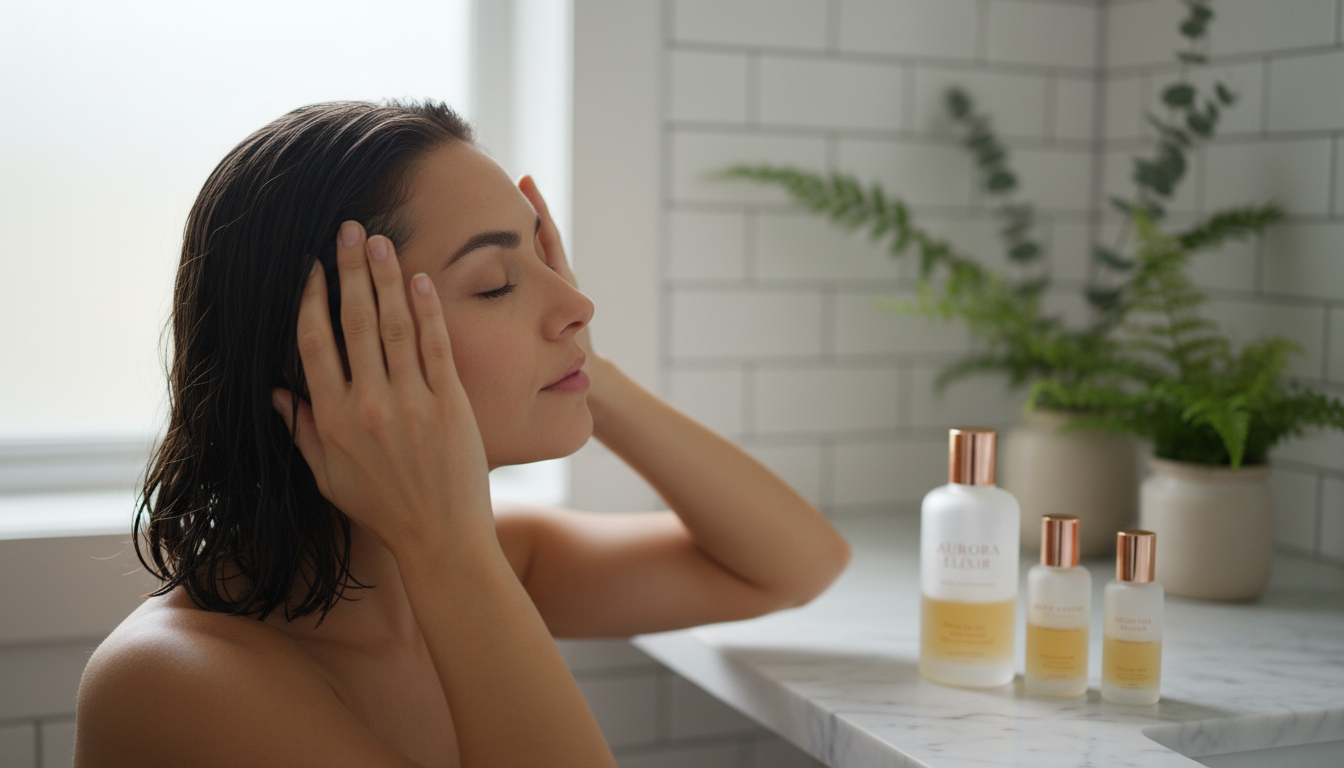 Person applying golden hair growth oil to wet scalp in luxurious marble bathroom with botanical elements and premium product bottles