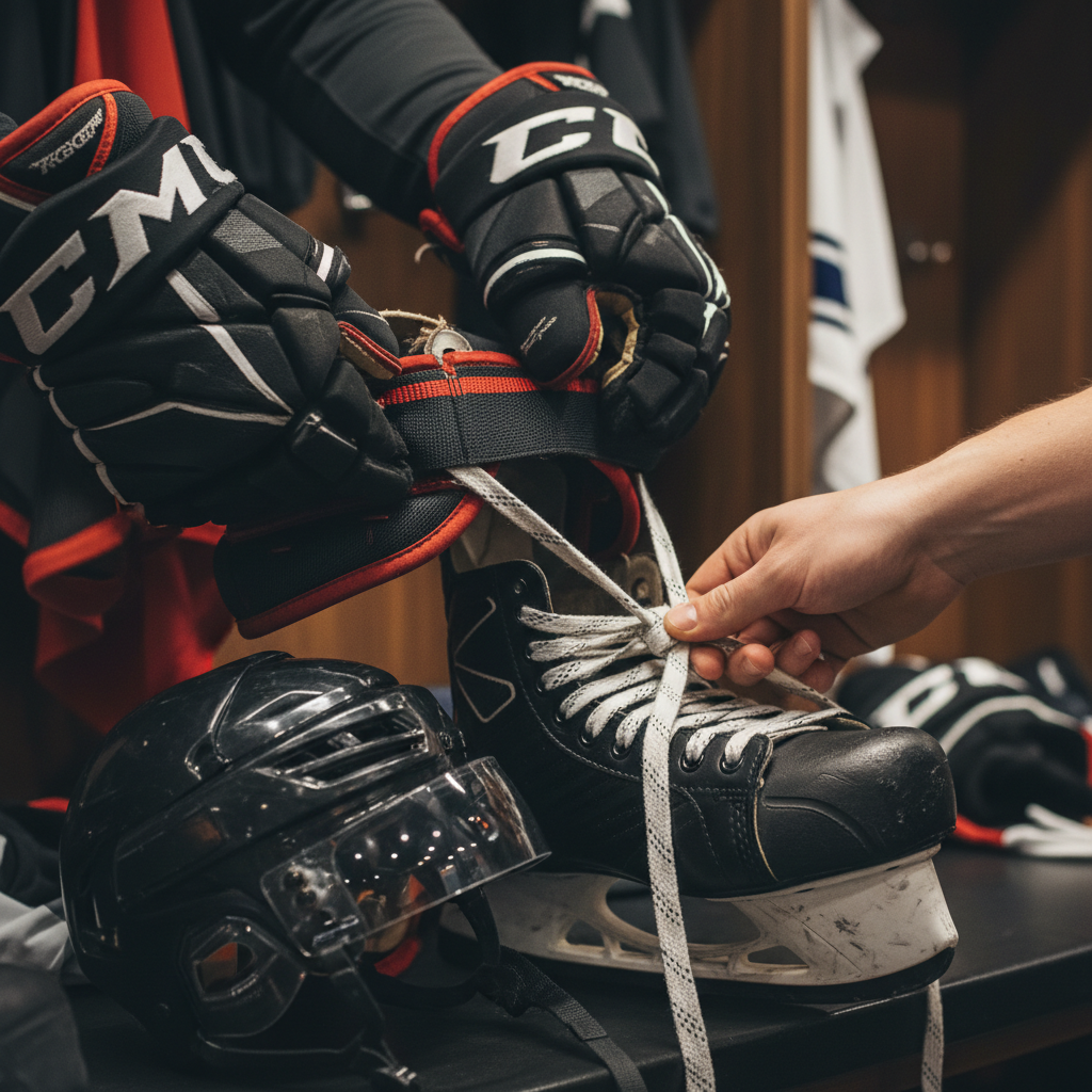 The jersey is the centerpiece of any effective game day layering strategy. A locker room setting with blue and white hockey jerseys hanging and equipment ready for a game.