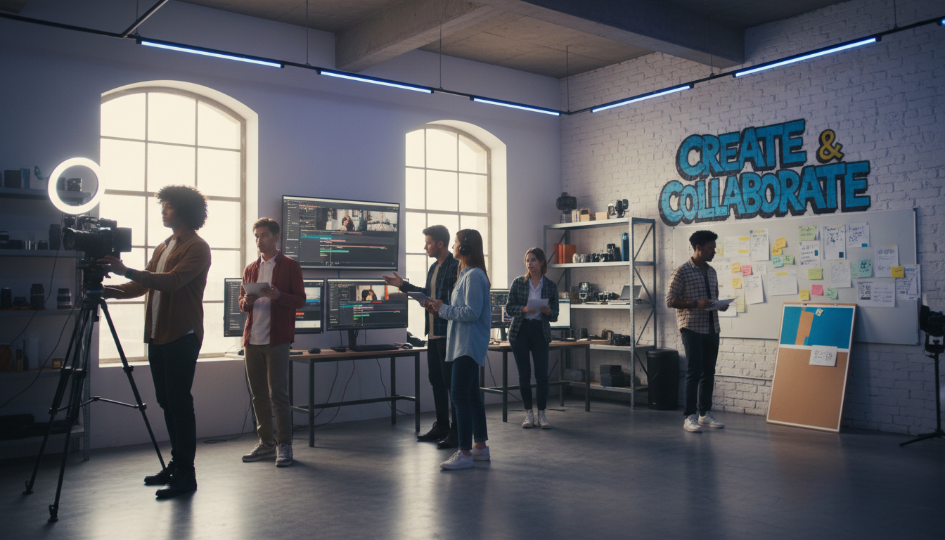 A dedicated production team ensures that every transition and graphic is executed perfectly during your live event. A creative production team collaborating on a media project in a modern studio environment.