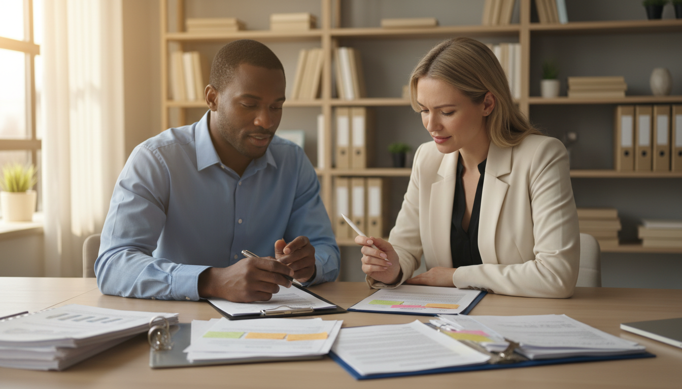 Two professionals in collaborative consultation reviewing government documents together at office table
