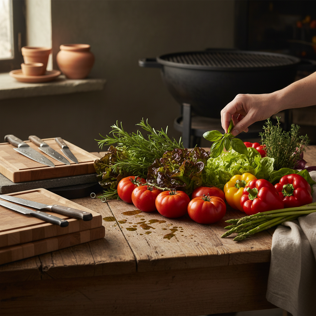 Hands selecting fresh herbs and vegetables on wooden prep surface in natural daylight, showcasing premium catering ingredients