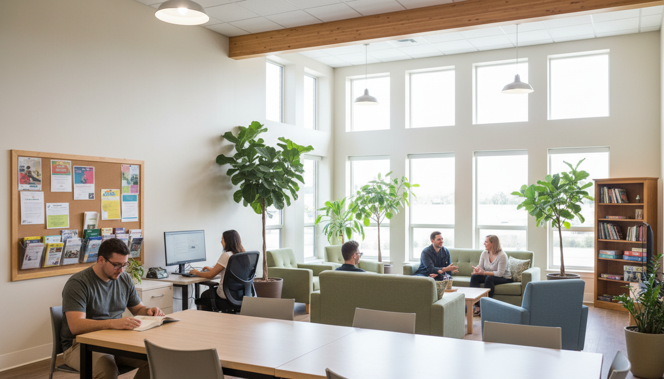 Stable housing is the foundation, but care coordination ensures the resident can maintain it. An accessible apartment interior with modern design features and wide pathways for mobility aids.