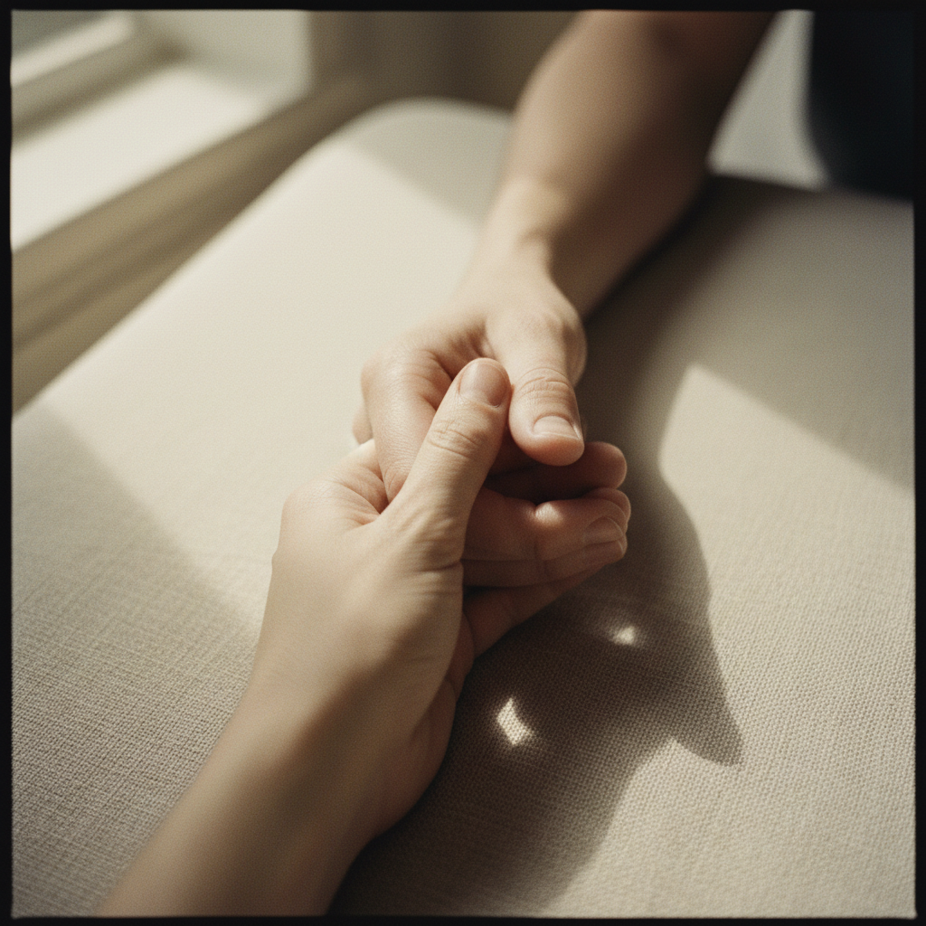 Two hands gently intertwined on soft linen, captured in warm natural light with intimate detail and tender connection