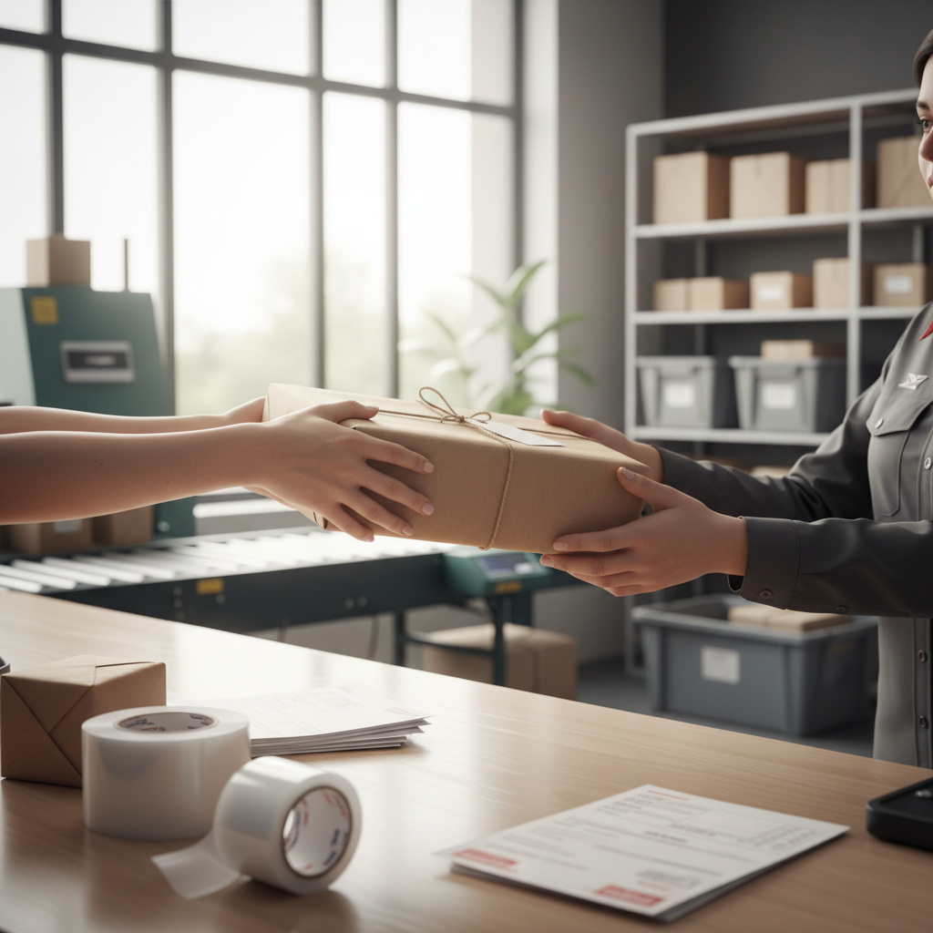 Customer handing wrapped parcel to staff member at postal service counter in bright, organized workspace