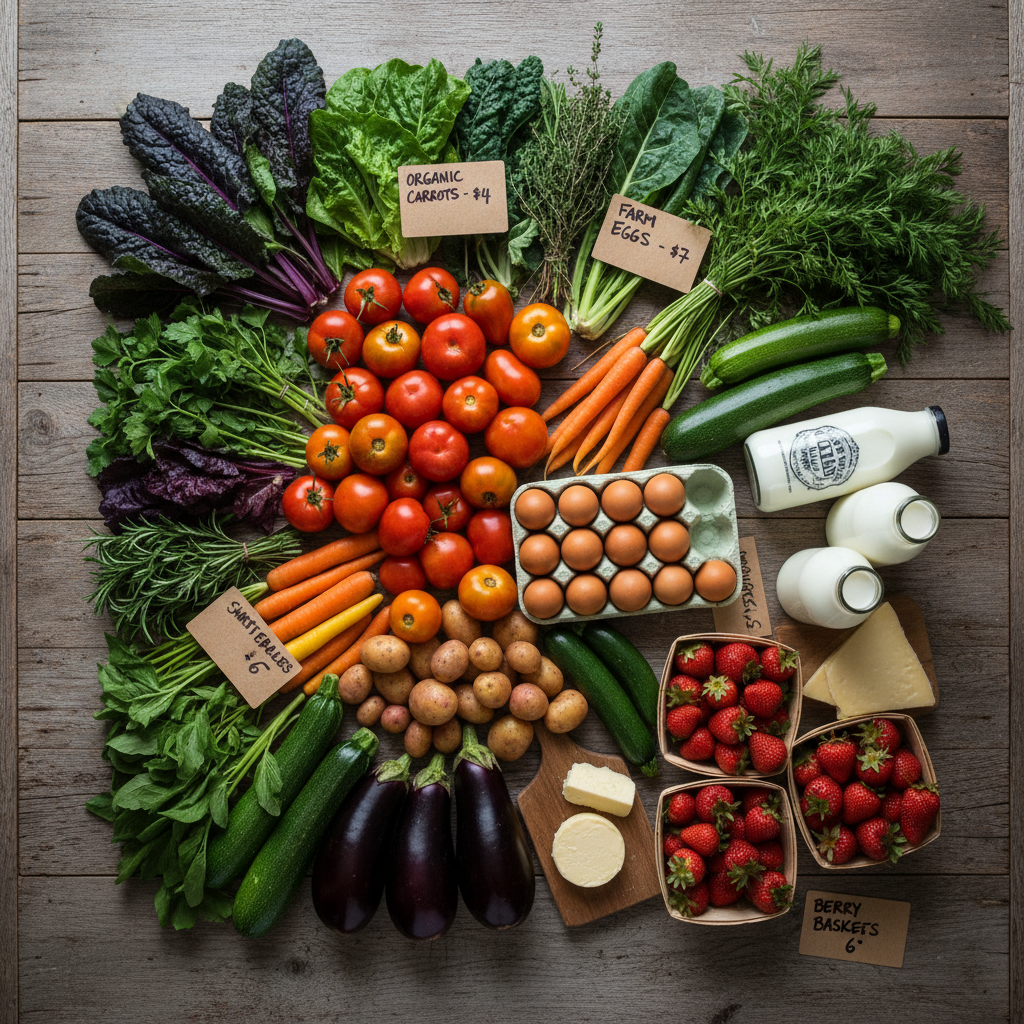 Overhead arrangement of colorful seasonal produce and farm products from multiple local producers