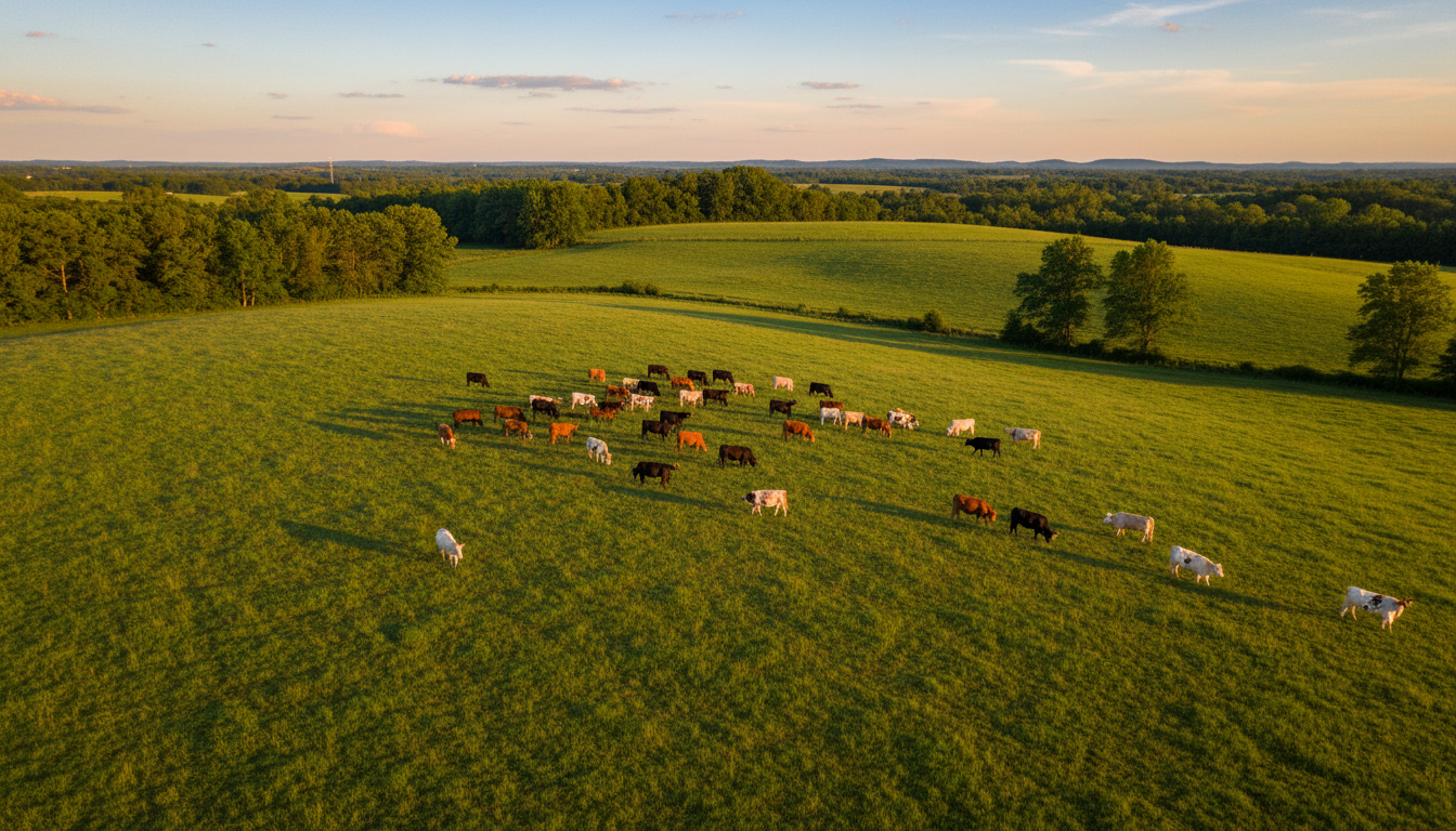 Herd of healthy animals grazing freely in spacious green pasture during golden hour late afternoon sunlight Herd of healthy animals grazing freely in spacious green pasture during golden hour late afternoon sunlight