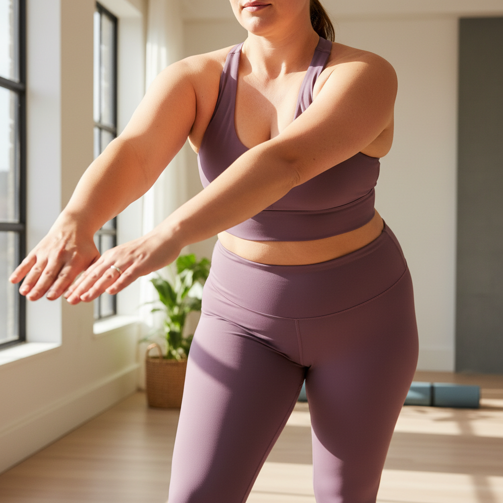 Plus-size woman stretching in performance leggings and sports bra during home yoga session with natural window light Plus-size woman stretching in performance leggings and sports bra during home yoga session with natural window light