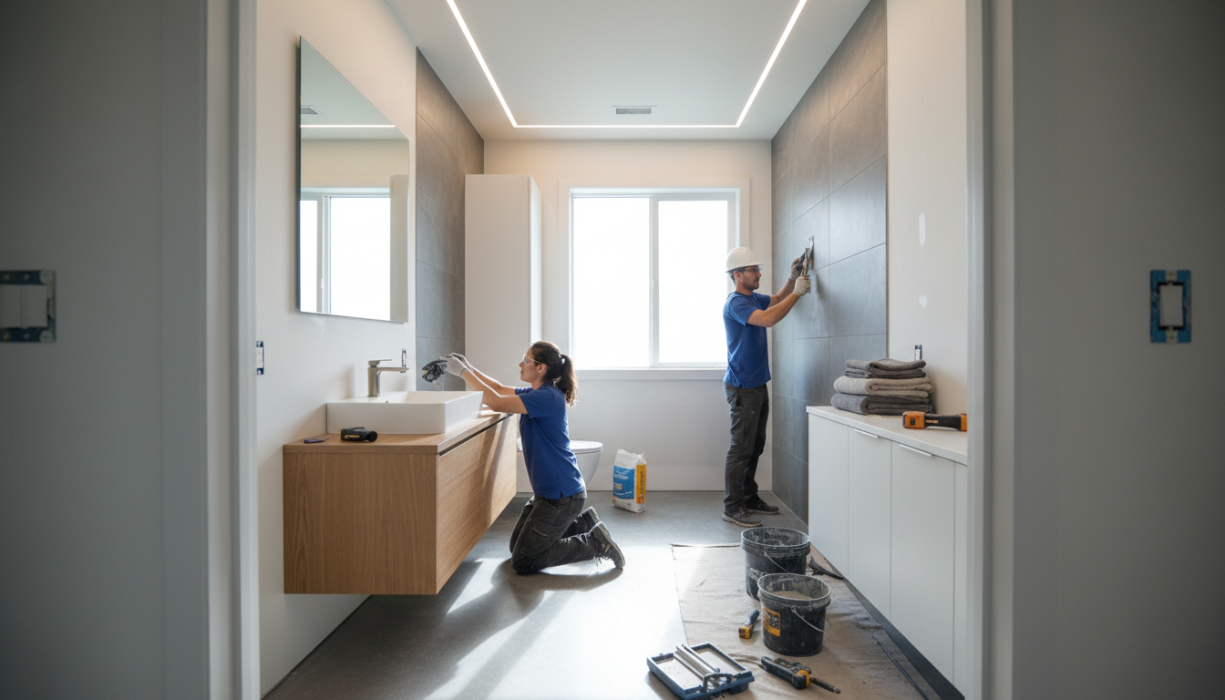 Two skilled professionals installing fixtures and tile during residential bathroom renovation, showcasing collaborative home improvement work Two skilled professionals installing fixtures and tile during residential bathroom renovation, showcasing collaborative home improvement work