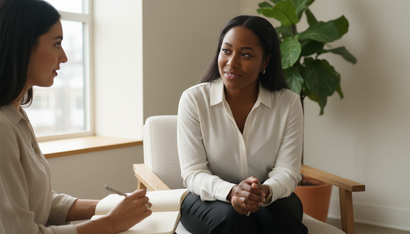 Two women in a coaching session sharing a meaningful conversation in a warm, naturally-lit office space