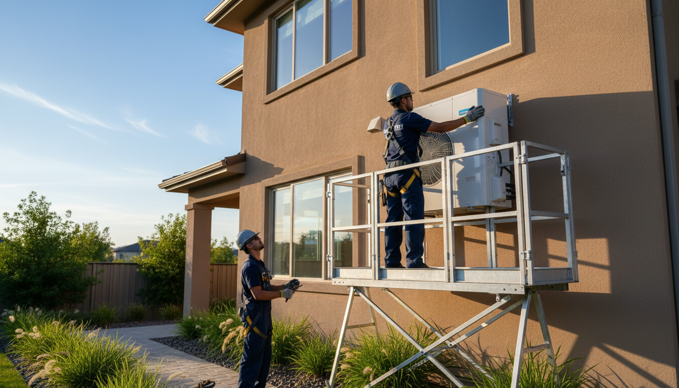 Professional HVAC technicians installing new heat pump system on residential home exterior with safety equipment Professional HVAC technicians installing new heat pump system on residential home exterior with safety equipment