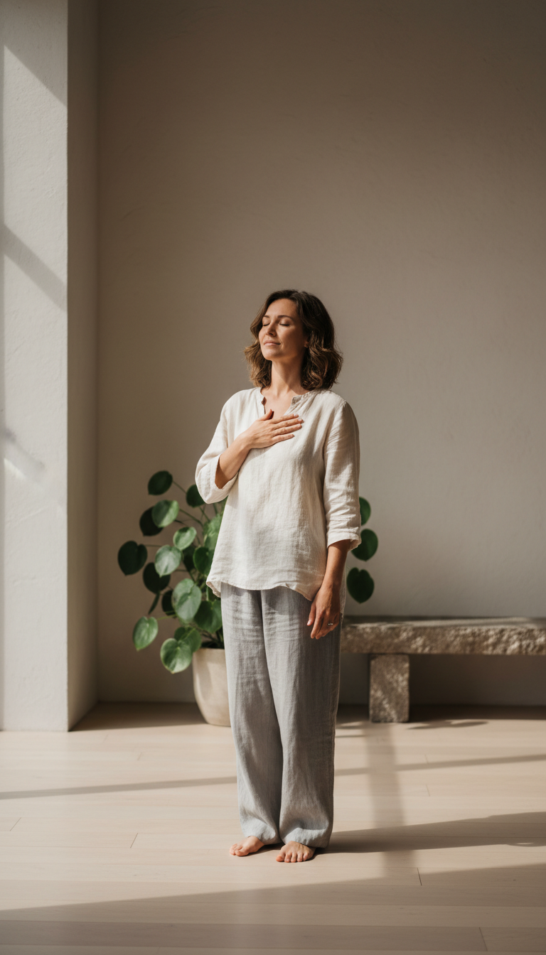 Person in moment of conscious self-reflection with hand on heart, expressing embodied awareness and emotional presence in calm minimalist space