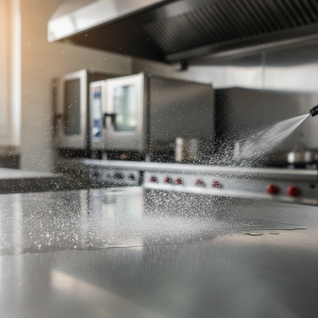 Sanitizing spray being applied to gleaming stainless steel commercial kitchen counter in close-up Sanitizing spray being applied to gleaming stainless steel commercial kitchen counter in close-up